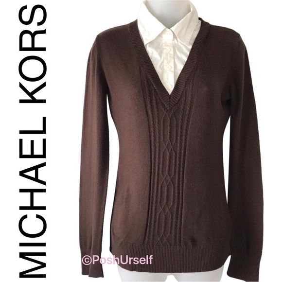 brown sweater with white collar